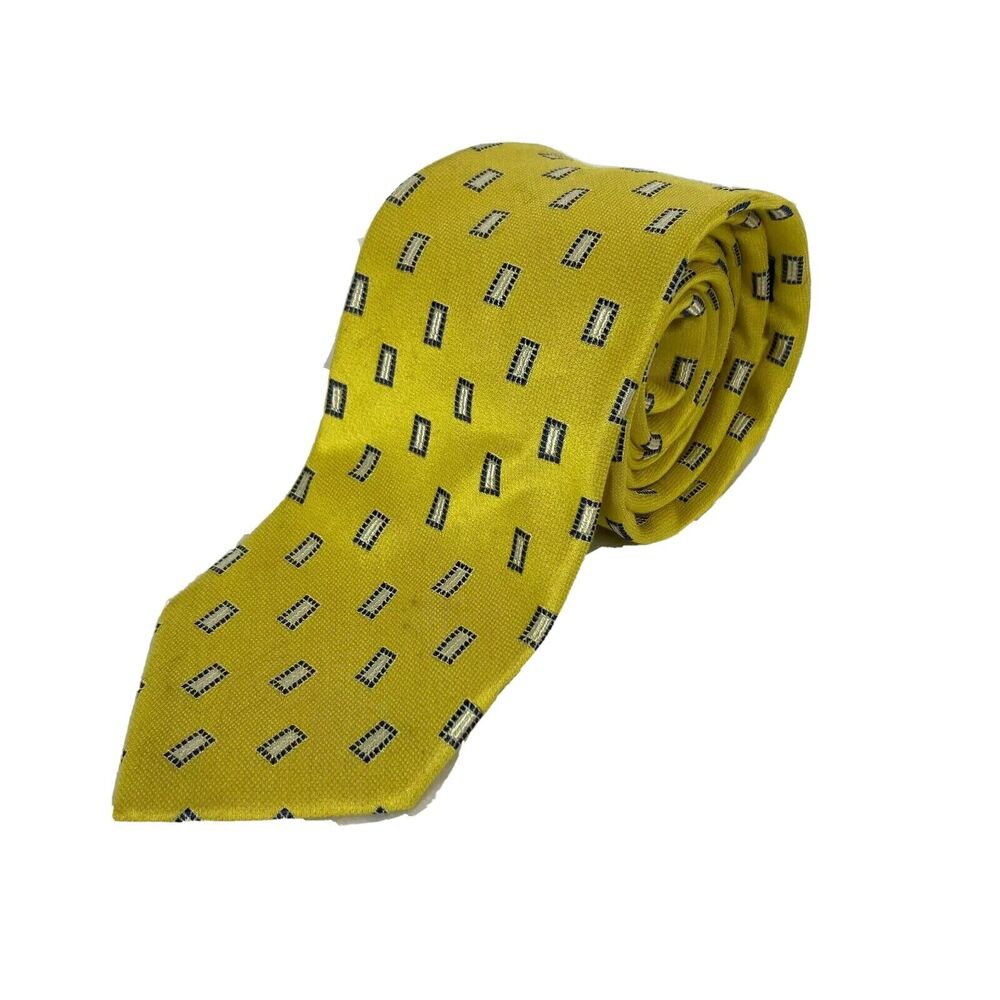 Paul Fredrick Tie Mens Yellow Blue Print Classic Pointed Silk‎ Cotton Tie